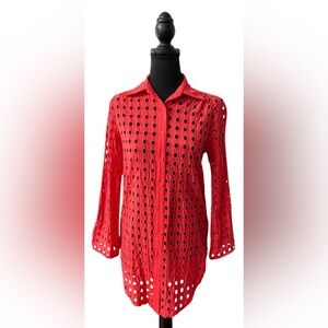 Adiva: Red Swiss Hole Button Down Shirt
